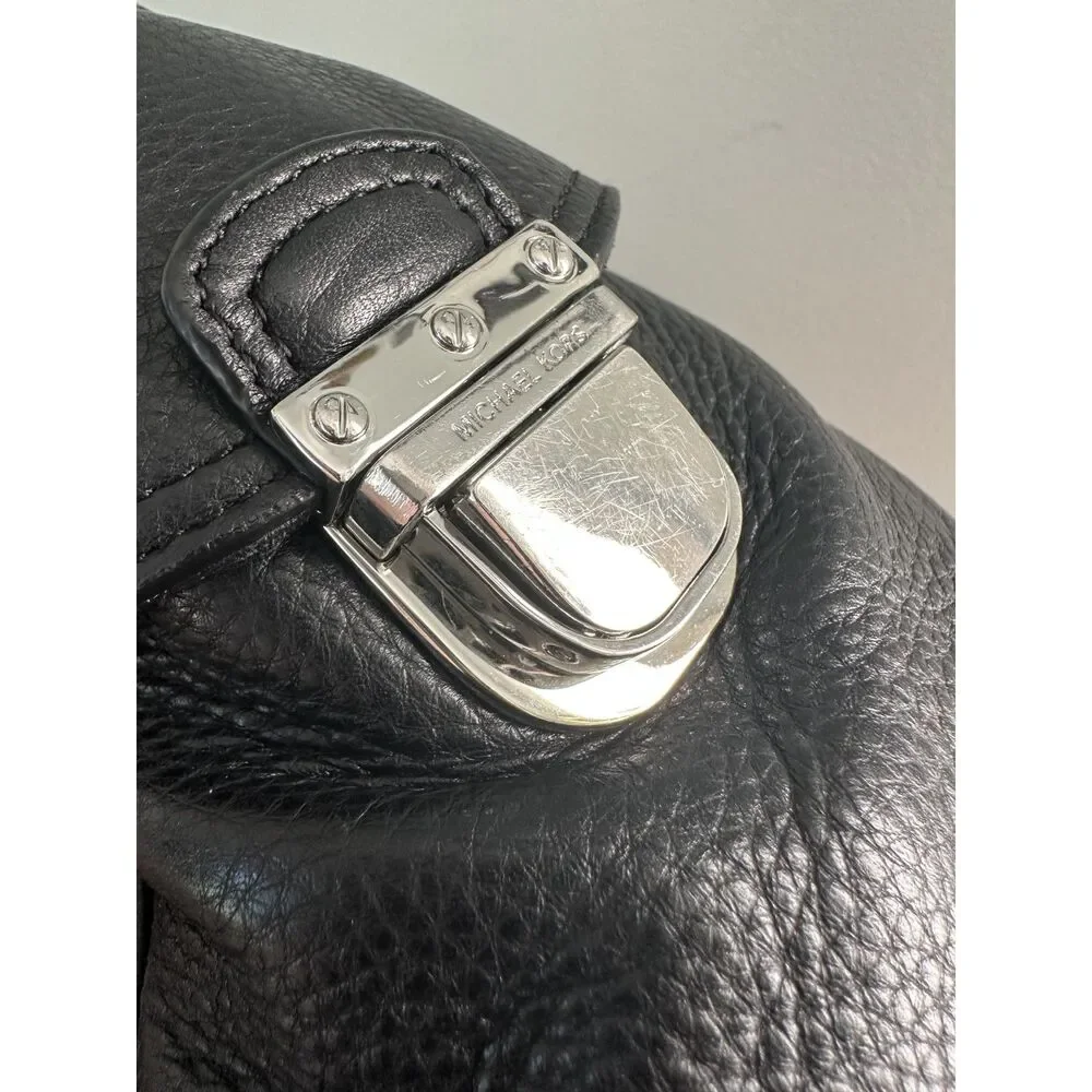 Michael Kors Black Pebbled Leather Hobo Shoulder Bag Silver Hardware MK Charm